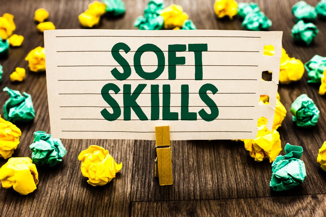 Text sign showing Soft Skills. Conceptual photo personal attribute enable interact effectively with other people Clothespin holding notebook paper crumpled papers several tries mistakes.